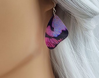 Pink butterfly wing earrings. Handmade cruelty free iridescent butterfly wings on a choice of ear wires.