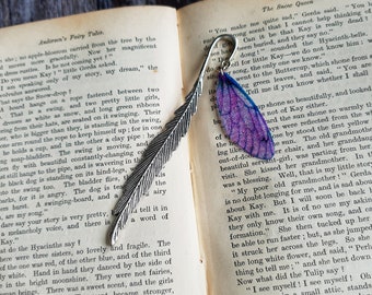 Fairy wing bookmark. Metal silver bookmark with a sparkly pink fairy wing charm.