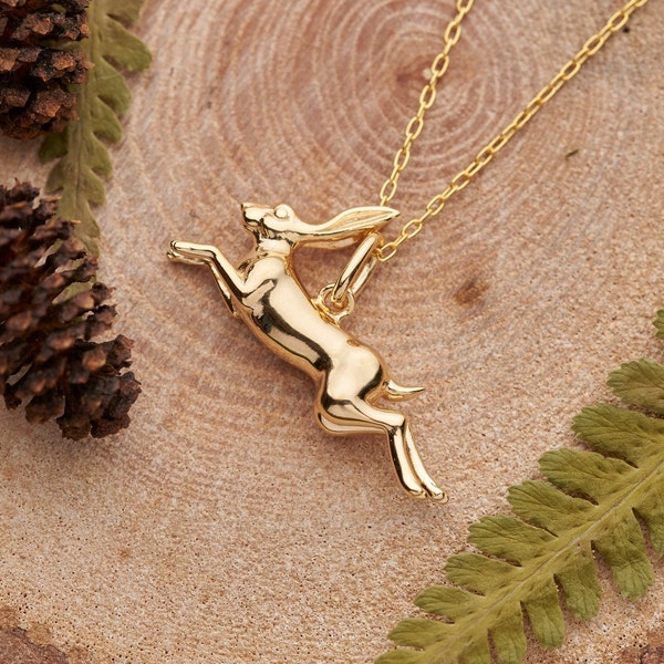 Golden running hare necklace. 18ct gold plated solid sterling silver