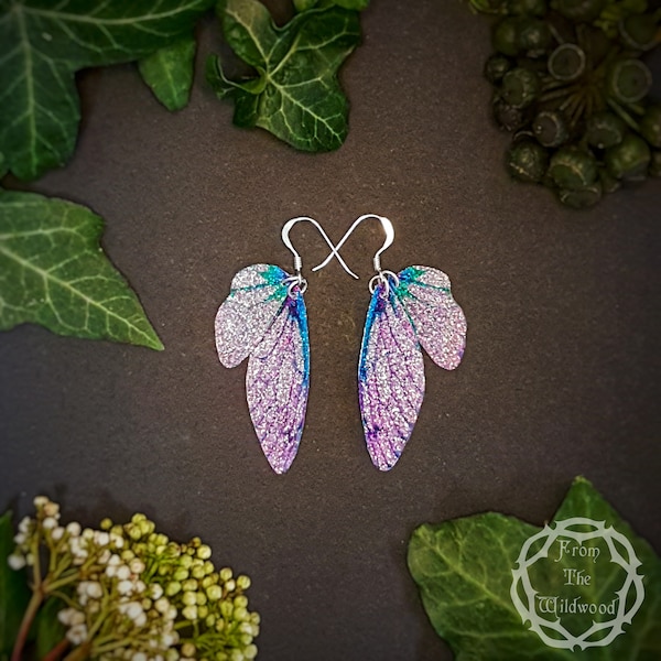 Small pink and turquoise training wings. Handmade sparkle fairy wing earrings. Unusual magical faerie jewellery gift for an enchanted friend