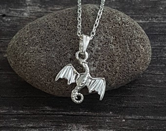 Silver dragon necklace. Solid 925 sterling silver dragon pendant charm. Magical jewellery gift for her. Dainty necklace for fantasy lover