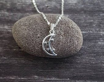 Tiny silver moon necklace. Solid 925 sterling silver moon and stars charm pendant. Celestial jewellery gift for her. Small dainty necklace