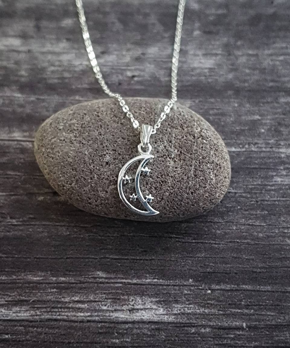 Tiny silver moon necklace. Solid 925 sterling silver moon and stars ...