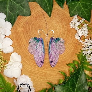 Medium pink turquoise sparkle fairy wing earrings. Handmade fantasy iridescent sparkle faerie wings. Unusual gift for a magical best friend