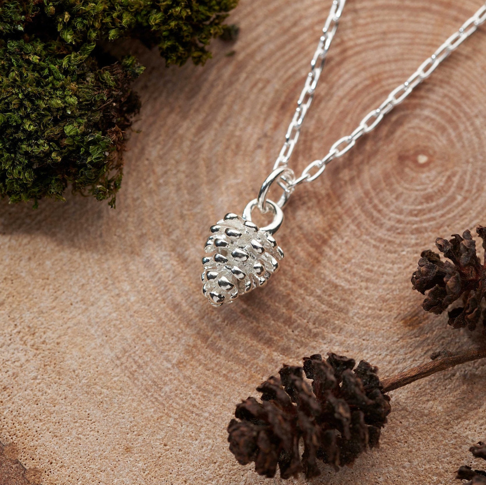 Tiny silver pinecone necklace. Solid 925 sterling silver cone