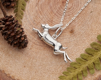 Silver hare necklace. Solid 925 sterling silver 3D hare pendant on a sterling silver chain. Nature inspired jewellery gift. Dainty necklace