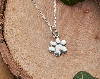 Silver paw print necklace. Solid 925 sterling silver 3D animal paw pendant charm. Dog paw necklace gift for pet owner. Small dainty necklace