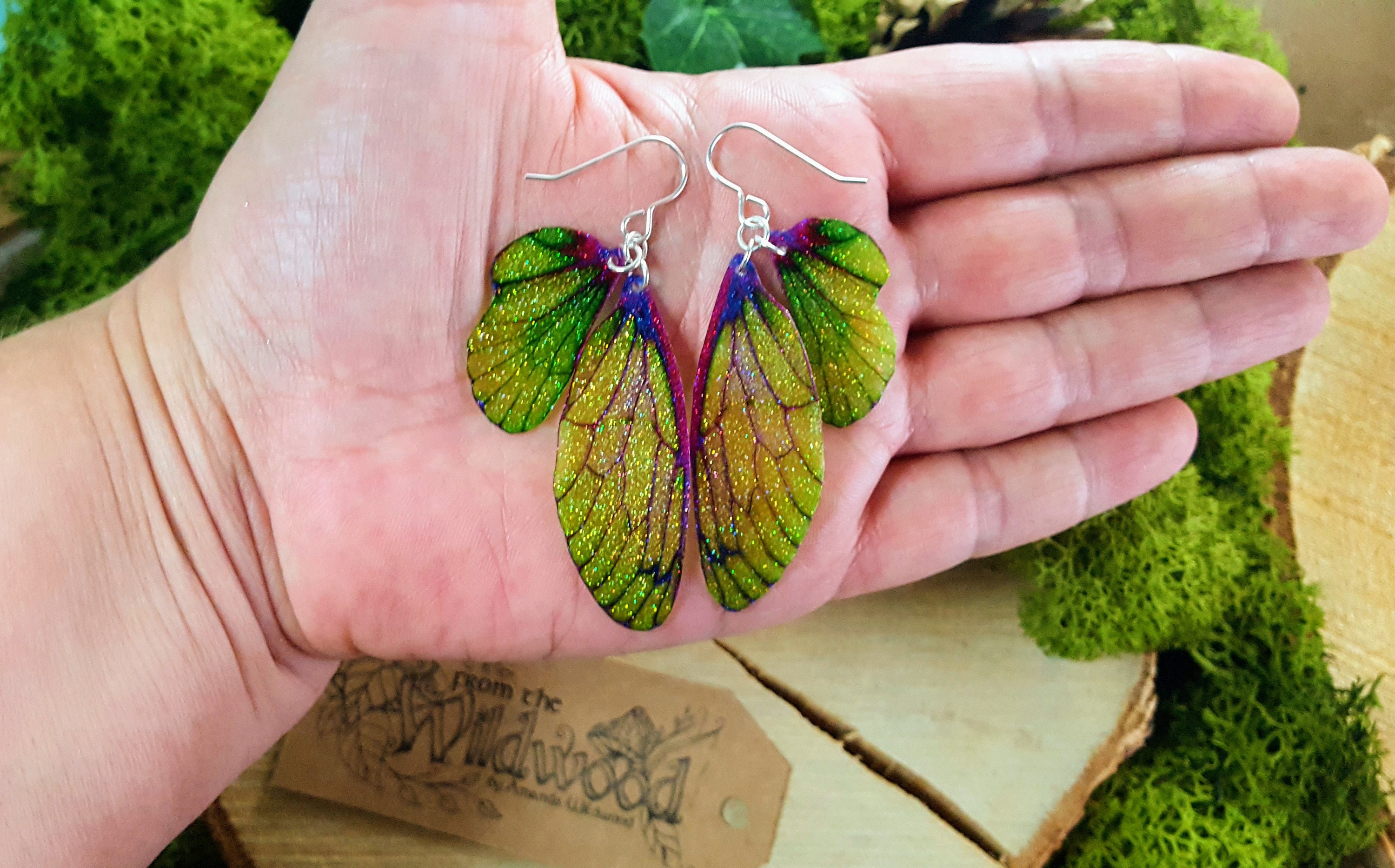 Fantasy Fairy Wing Earrings Lemon Yellow Iridescent 