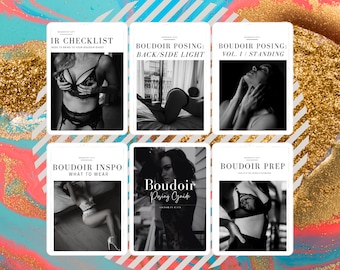 Puede incluir: Un collage de seis guías de fotografía boudoir con texto como "IR Checklist", "Boudoir Posing" y "Boudoir Prep". El fondo presenta un diseño abstracto colorido con detalles de purpurina dorada.