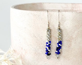 Grey & navy Blue beadwoven earrings | blue lapis earrings seed bead handwoven earrings | aesthetic rare earrings |  best friend earrings |