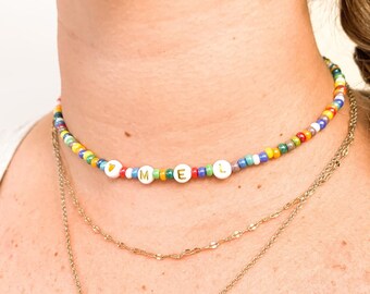 Initial choker, custom beaded necklace, rainbow Dainty Beaded choker, seed bead choker, short necklace, 90s necklace, colorful bead necklace
