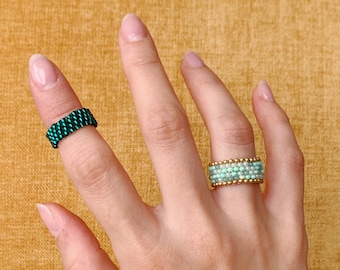 Handmade Turquoise Beaded Ring: Gold Accent Mexican Style