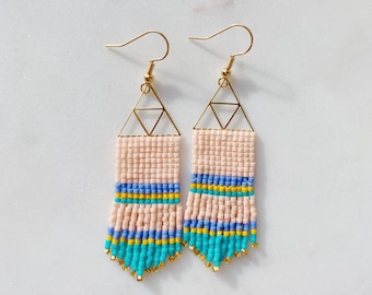 Miyuki earrings, multicolor earrings, beadwoven earrings, pastel beaded earrings, beaded fringe earrings, vacation beadwork earrings