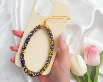 Cinturino per cellulare con perline blu e gialle: cordino per cellulare fatto a mano