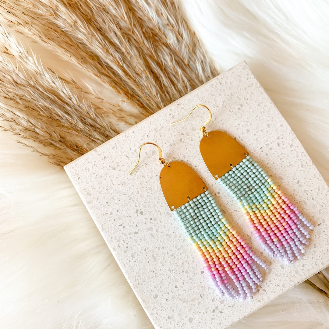 Pastel Rainbow Earrings, Ombre Fringe Earrings, Multicolor Extra Long
