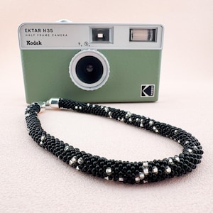 Black & Silver Beaded Camera Charm Strap: Handmade Phone Lanyard