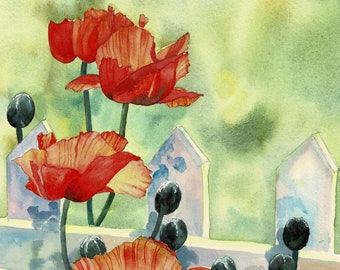 Garden Poppies, original watercolour signed painting,backlit poppies, oriental poppies, floral art, poppy painting,poppy gift,gardeners gift