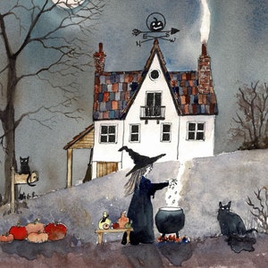 cartes de cottage de sorcière, lot de quatre, aquarelle, cottages d'Halloween, sorcière fantaisiste, intérieur vierge, cottages fantaisistes, cartes de cottage