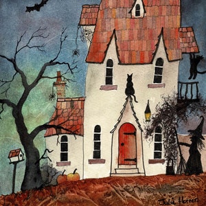 witch house, original watercolour 10 x 7 inches, whimsical cottage, whimsical witch, witch and cats, black cats, Halloween spooky cottage,