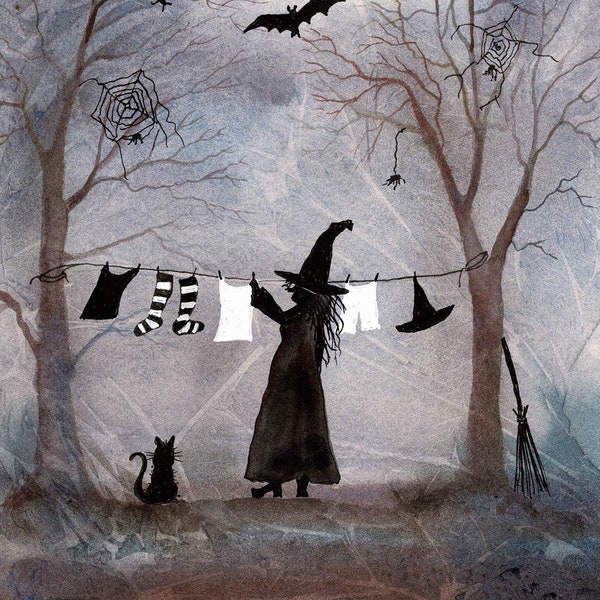 witch hanging out her washing, pack of 4 cards, blank inside, witch notecards, Halloween cards, witch washday, washing in woods, art cards