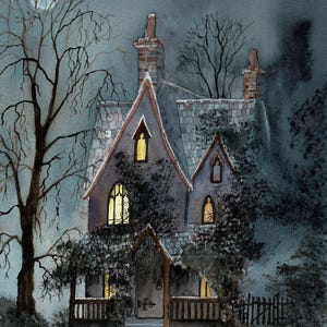 spooky cottage cards, pack of four, watercolour art, Halloween cottages, blank inside, whimsical cottages, cottage notecards 6 x 4 inches