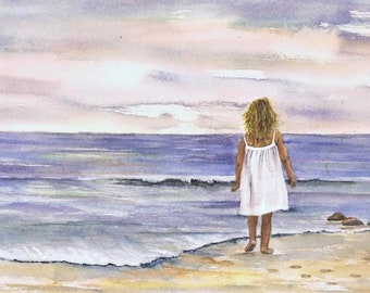 Girl at Beach Watercolor Art Print, Nursery Wall Decor