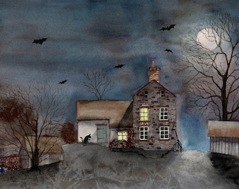 Moonlit landscape of a house and barns, original watercolour 12 x 9 inches, old stone house, moonlit winter painting, Halloween art gift