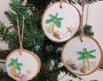 Set of three Beachy Sea Glass Natural Wood   Ornaments with Palm Tree.