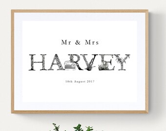 Family name print, Personalised Mr & Mrs, Mrs and Mrs, Mr and Mr, Surname Print, Wedding, Marriage, anniversary, birthday gift, A3,