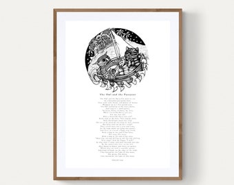 The Owl & the Pussycat, Illustrated, poem print, home decor, wall art, New Baby, nursery, christening, wedding, birthday, Christmas, gift A3