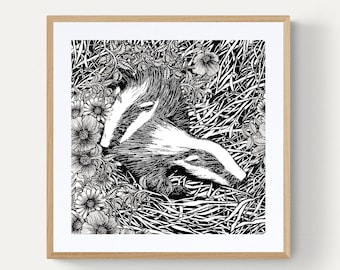 Badger Art Print, Wildlife Art, Animal Wall Art, Monochrome Art, Nature Print, Birthday Gift, Christmas Gift, Home Decor, For Him, For Her,