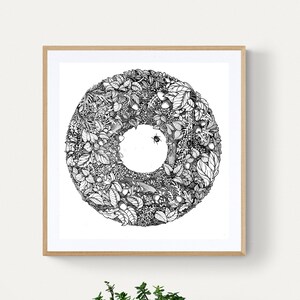 Detailed floral circle with Autumn leaves and nuts with bugs,hand drawn using black fine liners.