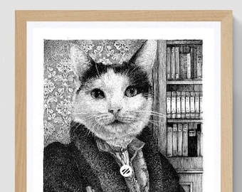 Aristocat Art Print: Monochrome Cat in Suit Portrait