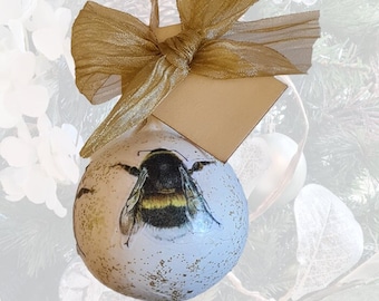 Decoupaged Bee Christmas Bauble: Personalised Ceramic Tree Decoration