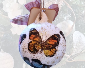 Personalised Butterfly Christmas Bauble: Hand Decoupaged Ceramic Ornament