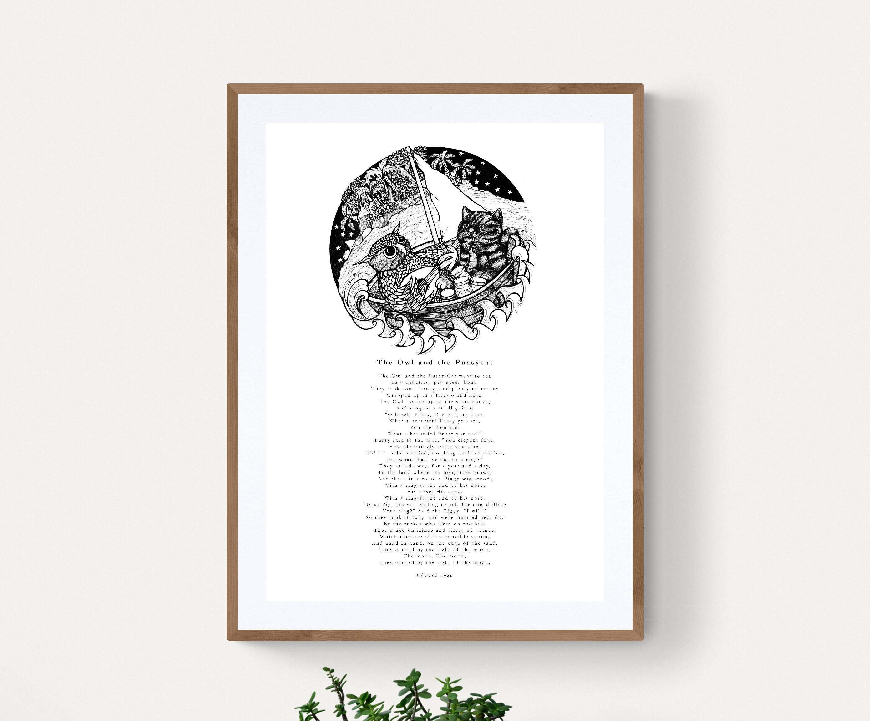 A3 The Owl & the Pussycat, Illustrated, poem print, home decor, wall art, New Baby, nursery, chr