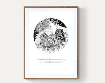 A4 The Owl and the Pussycat Poem Art Print: Nursery Wall Decor