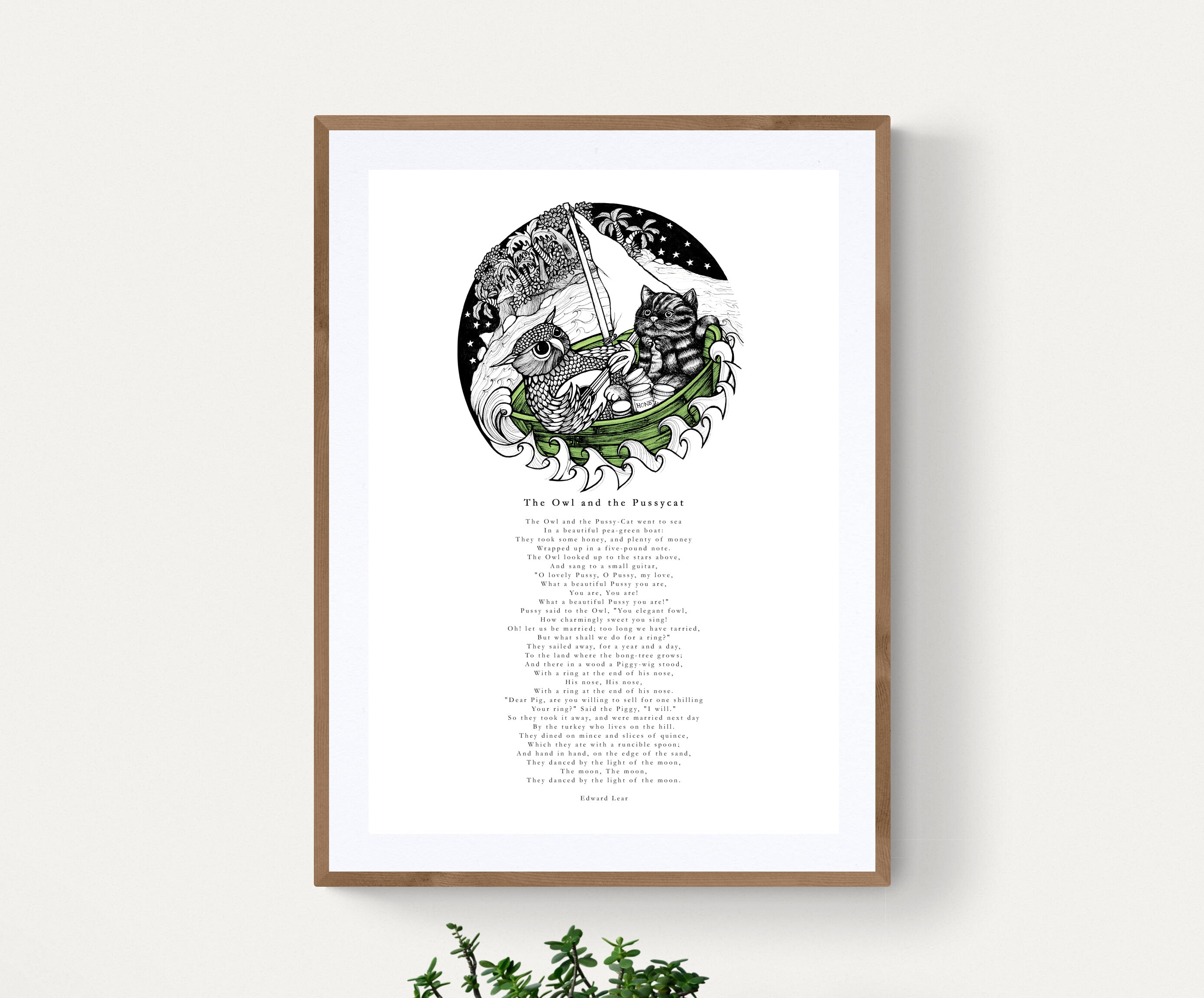 A3 The Owl & the Pussycat, Illustrated, poem print, home decor, wall art, New Baby, nursery, chr