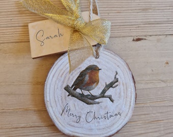 Robin Christmas Ornament: Decoupage Wood Slice, Personalized Tag