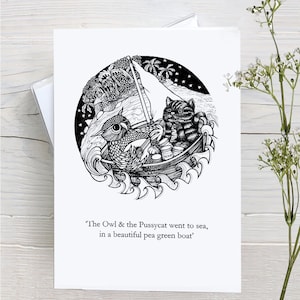 Búho y el gatito, tarjeta de felicitación, en blanco, tarjeta de cumpleaños, tarjeta de compromiso, tarjeta de boda, tarjeta de aniversario, para él, para ella, para ellos