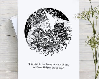Owl & the Pussycat, Greetings Card, Blank, Birthday Card, Engagement Card, Wedding Card, Anniversary Card, For Him, For Her, For Them