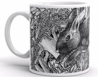 Rabbits Mug, wildlife mug, animal mug, wildlife art, home decor, kitchenalia, rabbit gift, secret santa, birthday gift, art mug.