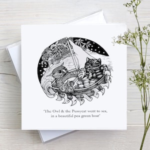 La chouette et le minou, carte de voeux, vierge, carte d'anniversaire, carte de fiançailles, carte de mariage, carte d'anniversaire, pour lui, pour elle, pour eux