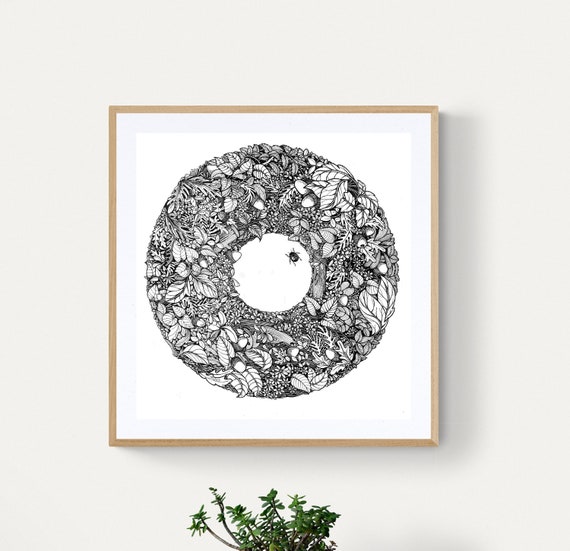 Monochrome Forest Floor Art Print: Hand-Drawn Woodland Design
