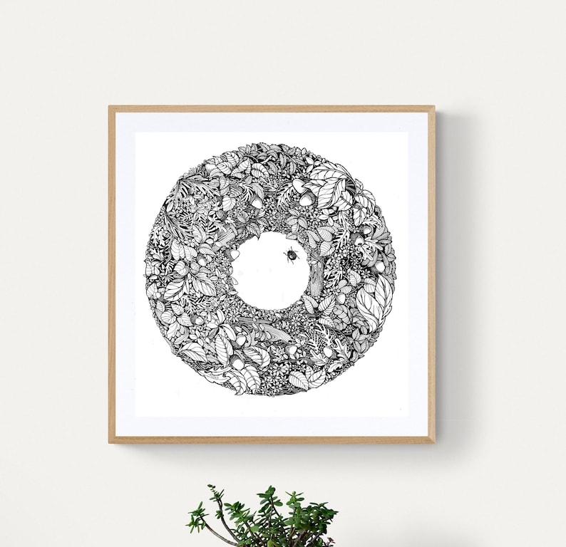 Detailed floral circle with Autumn leaves and nuts with bugs,hand drawn using black fine liners.