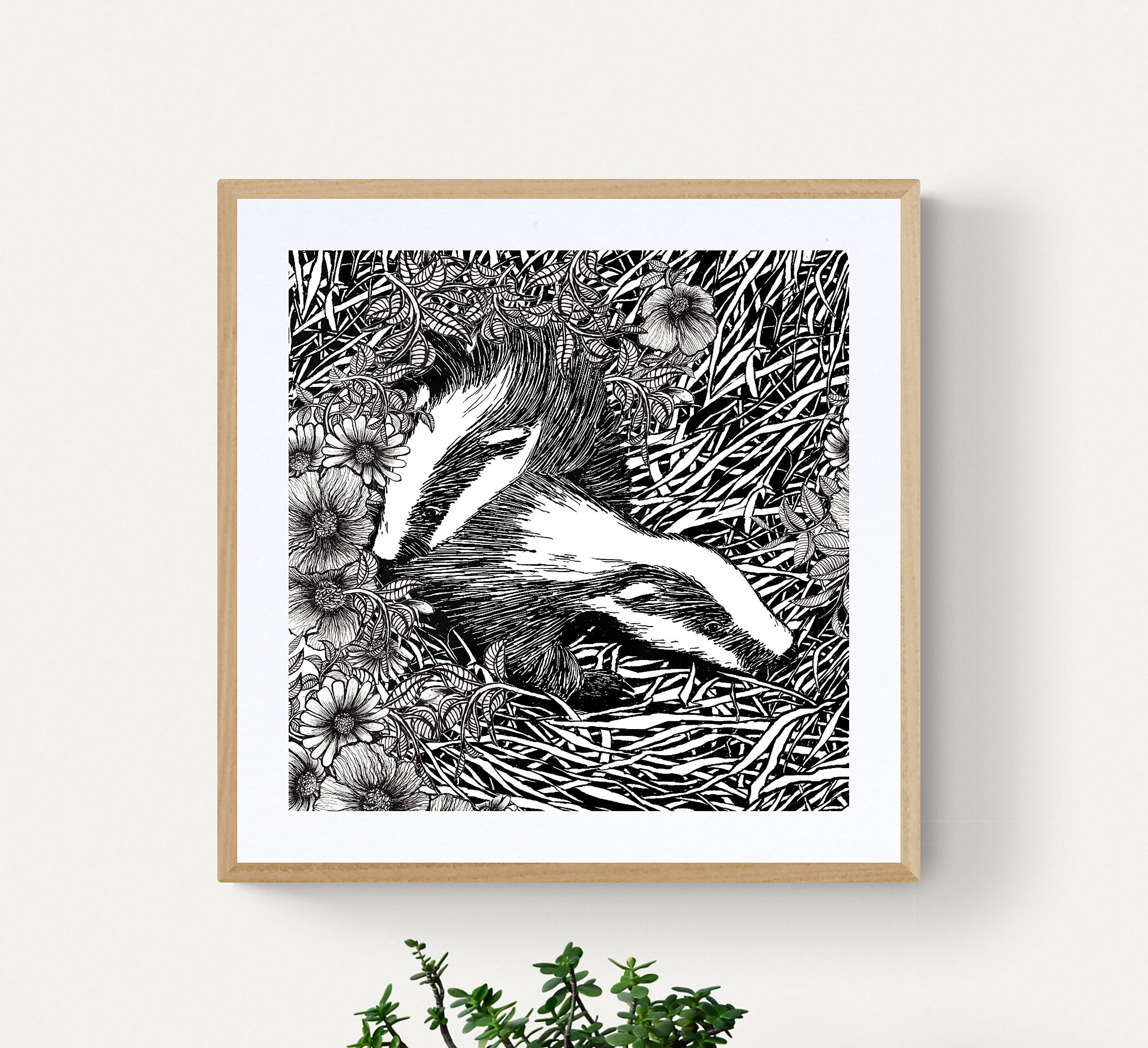 Wildlife /& Nature Gifts Wall Art Hand Drawn Animal Print Badger no2