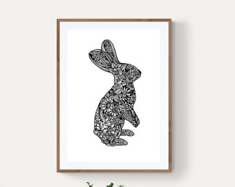 Floral Rabbit Print: Hand-Drawn Pen & Ink Nursery Art
