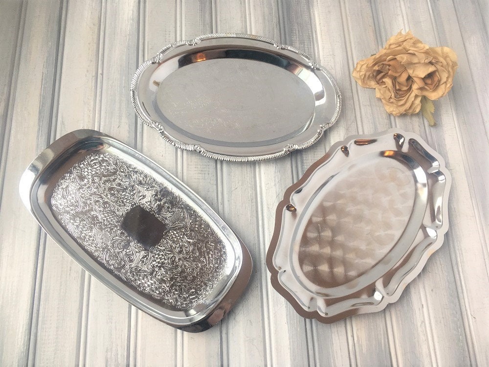 Lot Of Silver Metal Tray Silver Tray Vanity Tray Silver Etsy
