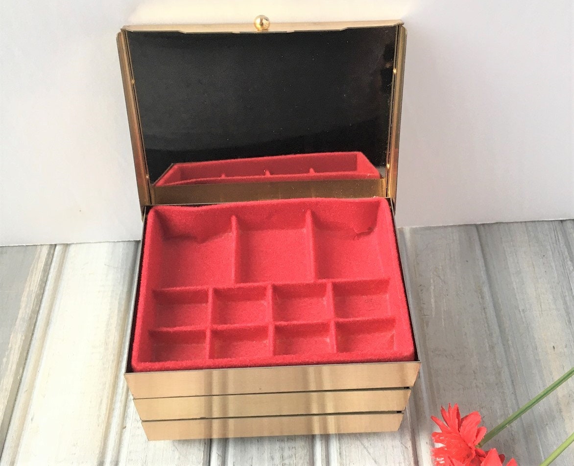Gold Jewelry Box w Red Lining / Gold Metal Jewelry Box / Small Etsy