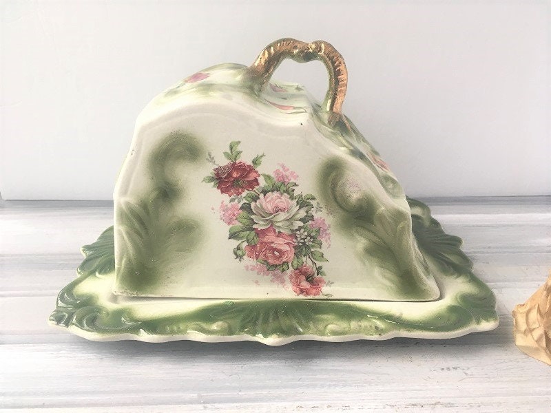 Green Cheese Platter with Lid / Antique Cheese Platter / Etsy